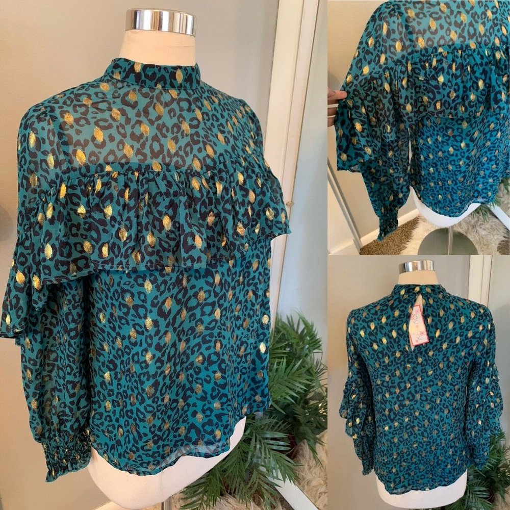 Cheetah Blouse Ruffle High Neck Turquoise Gold S NWT long sleeve animal Print